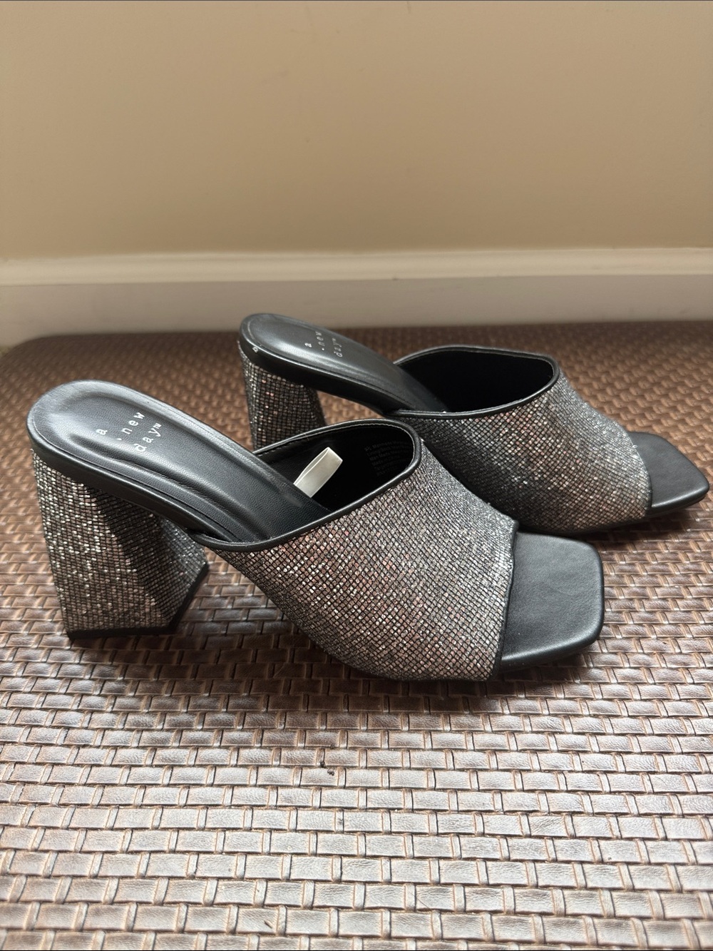 a new day Silver Glitter Block Heel Mules